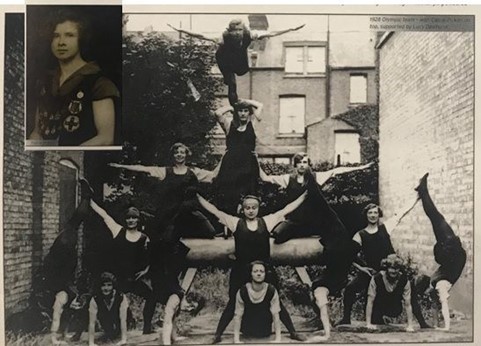 photograph of Carrie Pickles in action with the 1928 Olympic bronze medal gymnastics team
